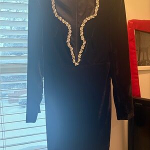 Bardot Black Dress with Embellished Neckline